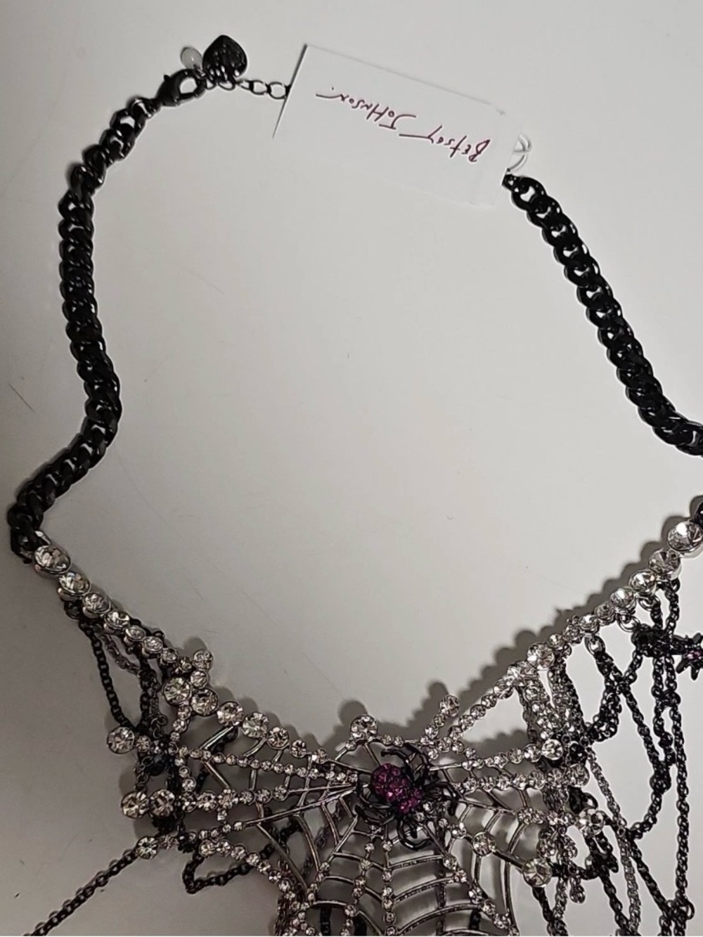 BETSEY JOHNSON Halloween Crystal-Studded Web with Dangling Spiders Necklace NWT - Picture 8 of 16
